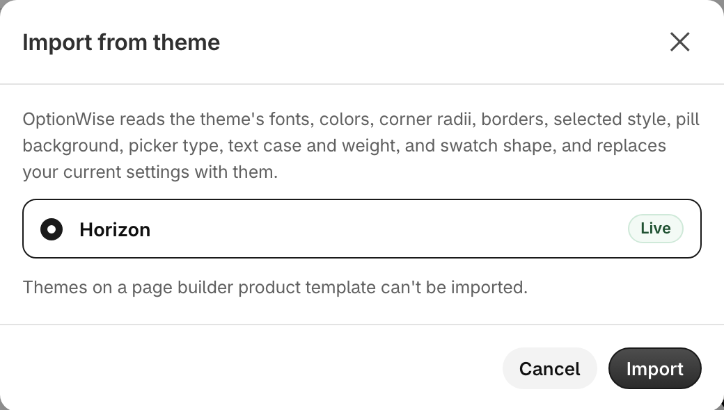 The Import from theme dialog listing the store's themes, with the live theme selected