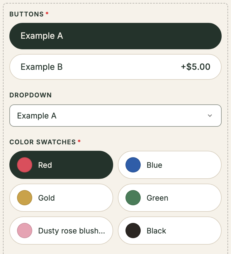 Options in the Cards layout: each choice a full-width row, color swatches as named tiles