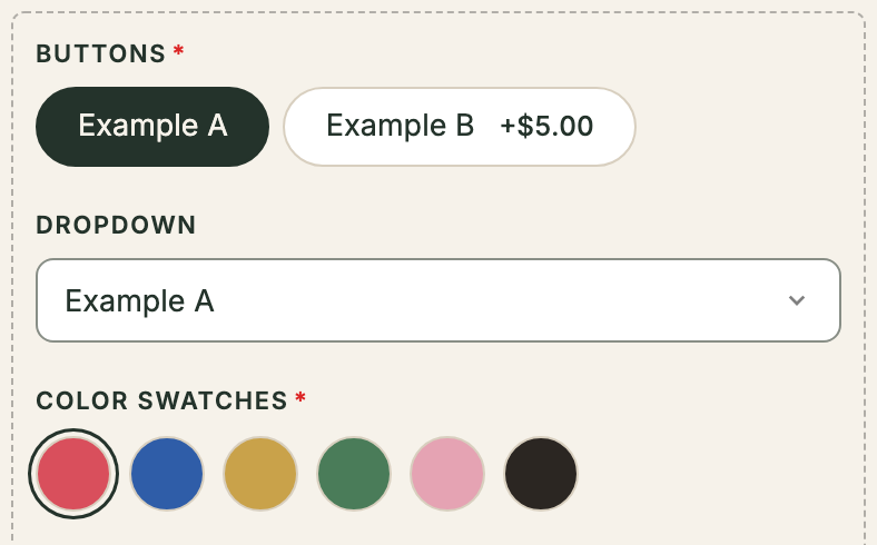 Options in the Pills layout: rounded buttons and color swatch circles