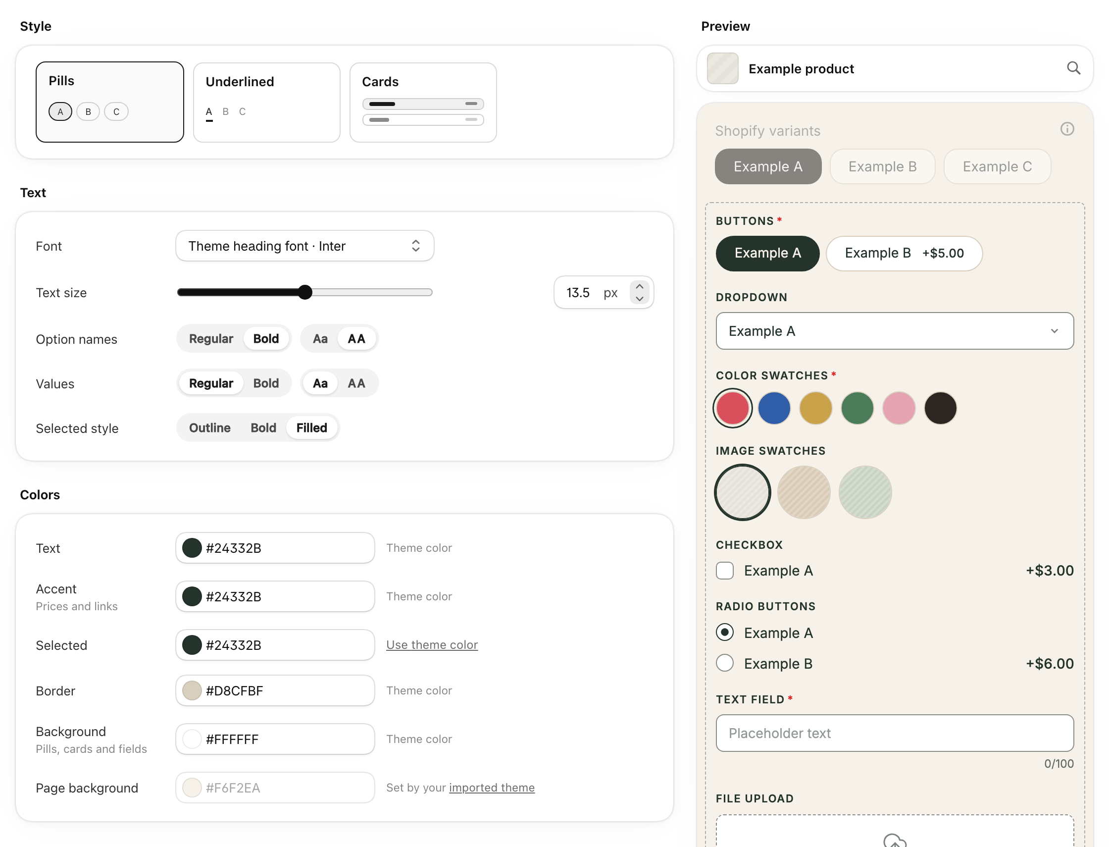 The Appearance page: Style choices and settings on the left, a live preview of every option type on the right