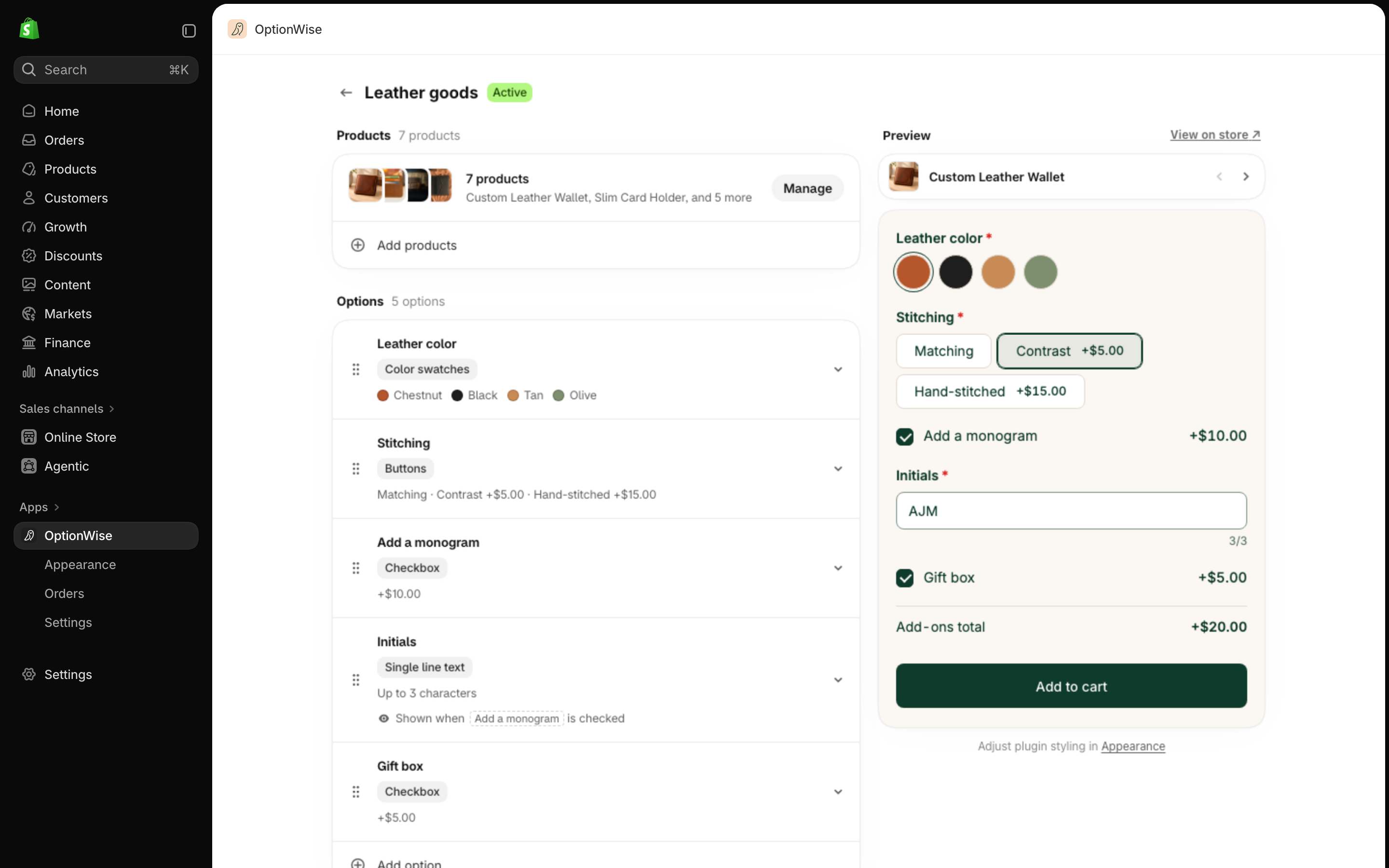 The OptionWise option set editor inside the Shopify admin: Leather color swatches, Stitching buttons with add-on prices, a monogram checkbox that reveals an Initials field, and a gift box, beside a live preview of a Custom Leather Wallet with the Add-ons total.