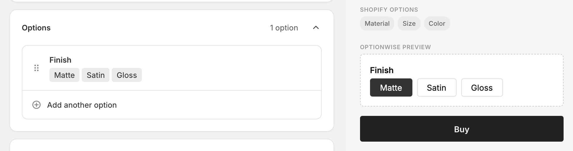 A Buttons option configured in the OptionWise editor, with the live preview showing the row of tappable buttons.