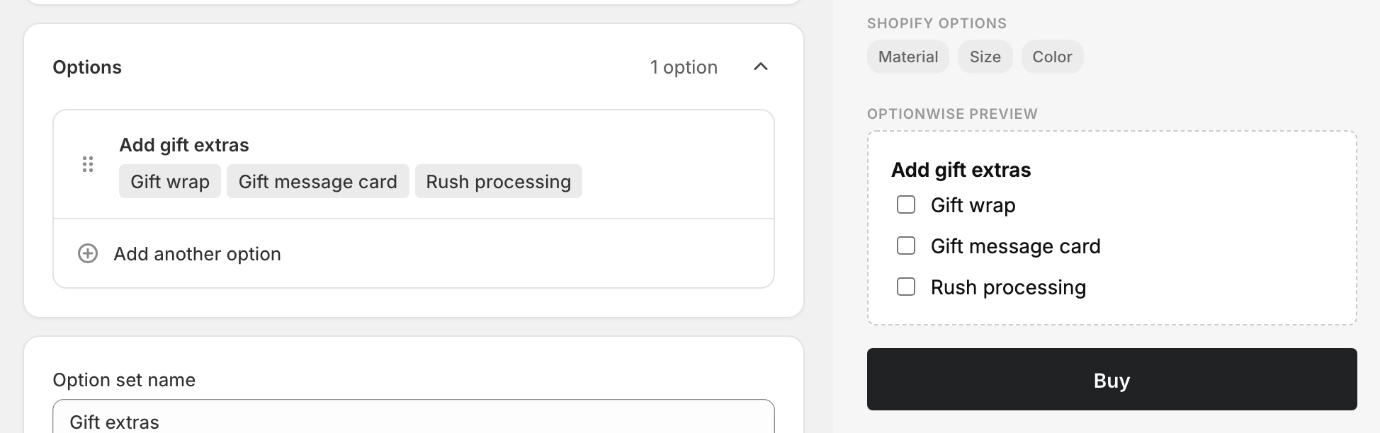 A Checkboxes option configured in the OptionWise editor, with the live preview showing a list of labeled checkboxes.