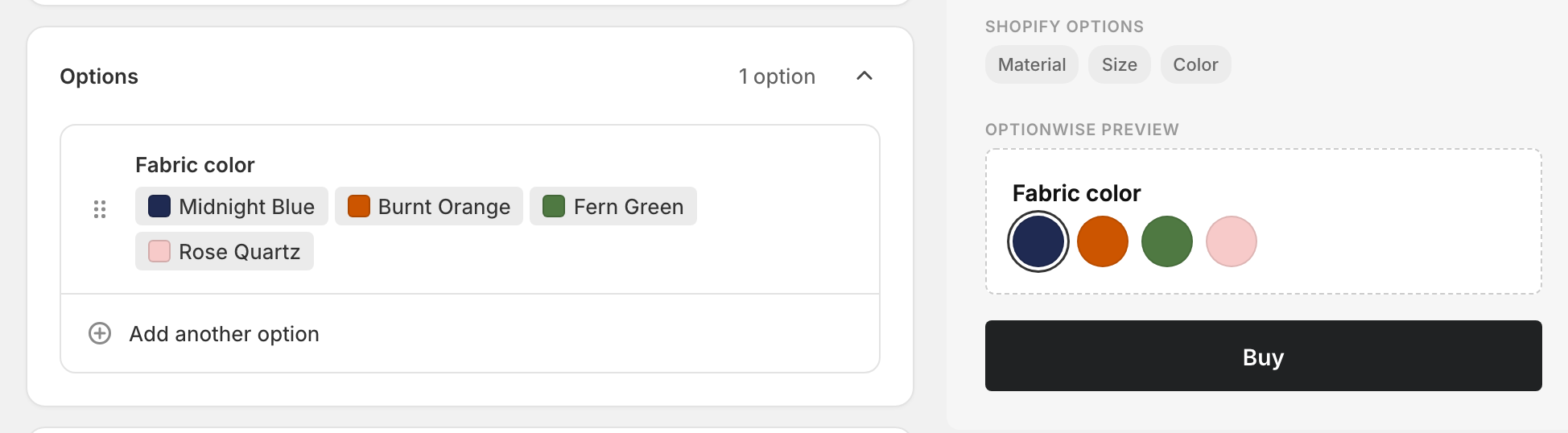 A fully configured Color swatches option in the OptionWise editor with four named color values.