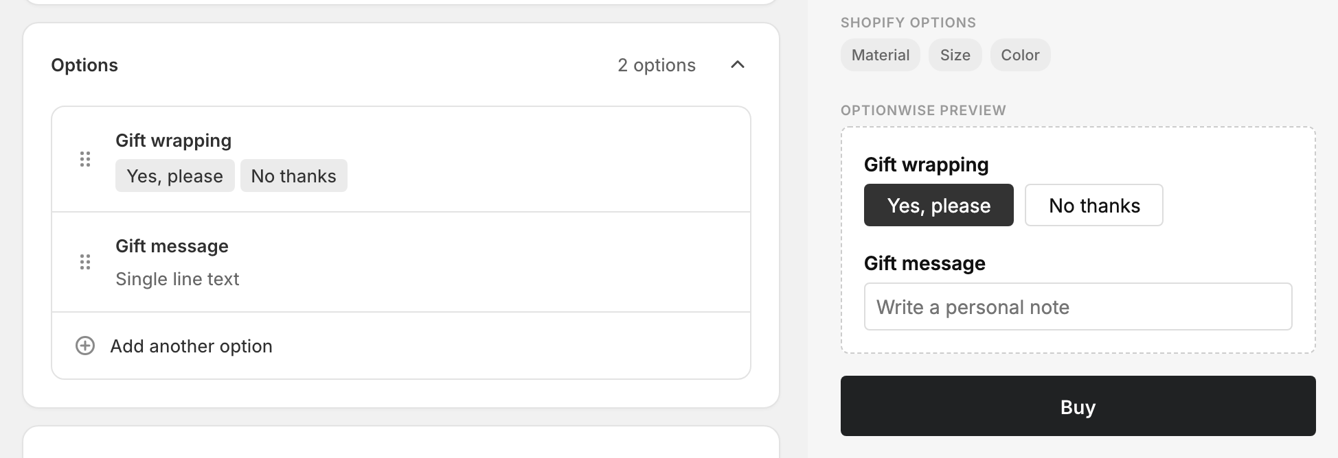 The OptionWise editor with a Gift wrapping control set to Yes, please, and the live preview showing the Gift message field revealed beneath it.