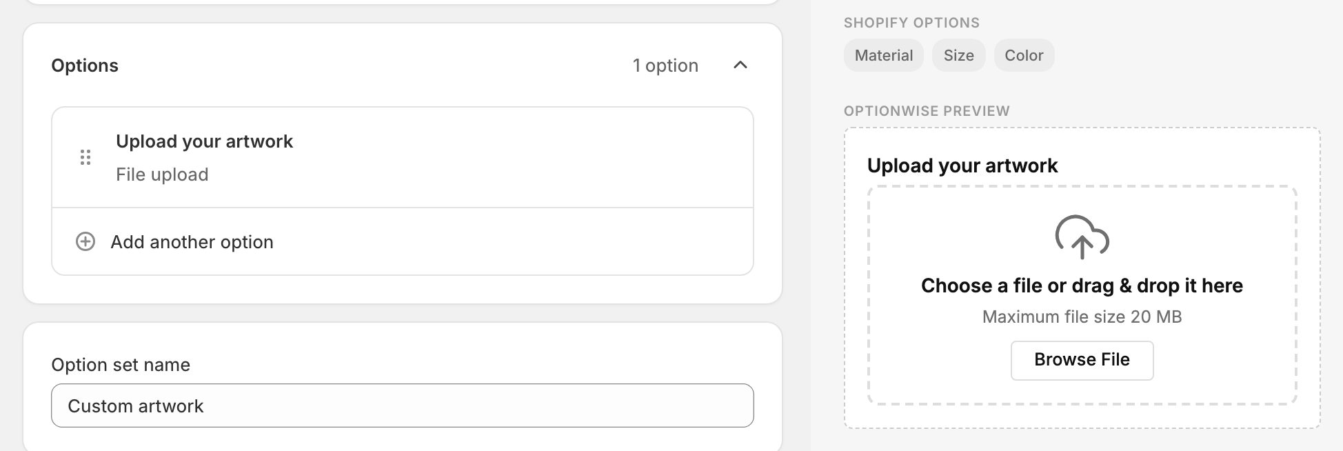 A File upload option configured in the OptionWise editor, with the live preview showing the file dropzone.