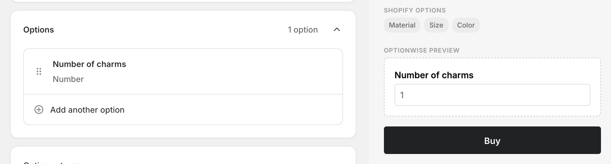 A Number option configured in the OptionWise editor, with the live preview showing the numeric input field.
