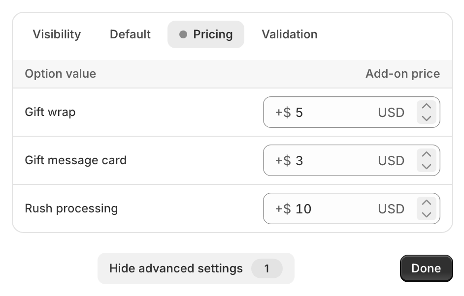 The Pricing panel in the OptionWise option editor, listing each option value with an add-on amount field — Gift wrap +$5, Gift message card +$3, Rush processing +$10.