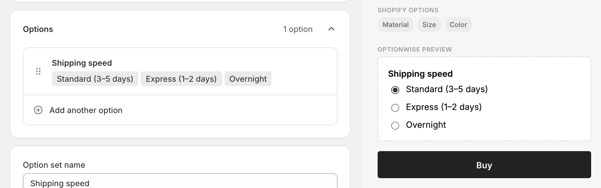 A Radio option configured in the OptionWise editor, with the live preview showing the vertical list of radio buttons.