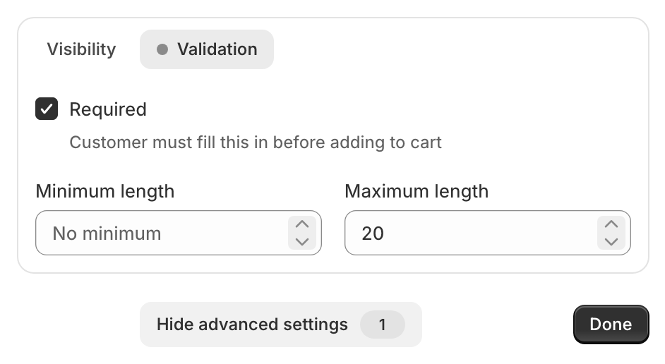 The Validation tab of a text option in the OptionWise editor, showing the Required toggle and minimum/maximum length controls.